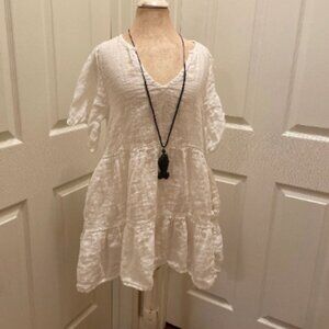 Breezy Tiered Linen Dress Size S, Wooden Lucky Tibetan Pendant, Coastal, Boho